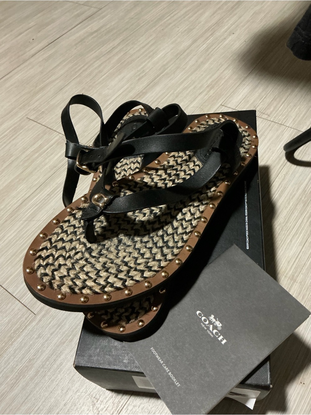 Coach Black Leather Braided Jute Sandals with Gold Studs - Picture 2 of 2